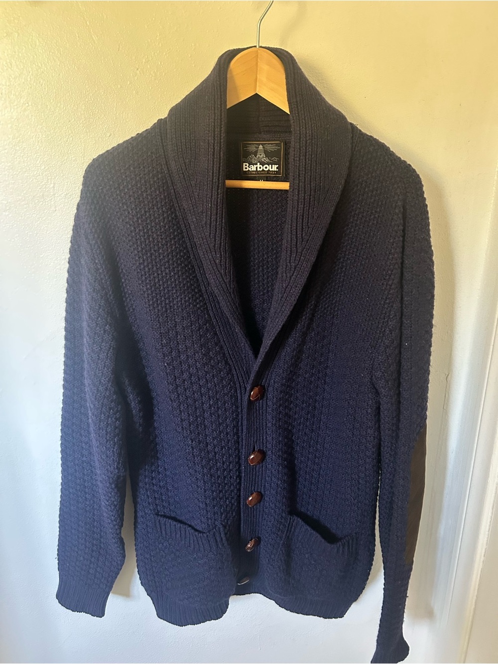 Barbour Navy Shawl Collar Chunky Knit Cardigan
